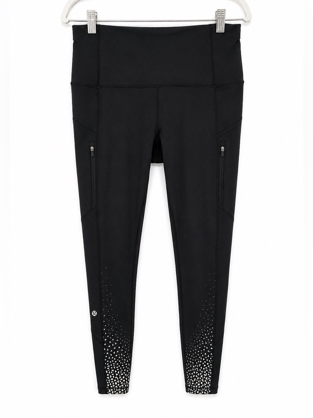 Lululemon Black High Rise 25” Leggings Silver Geometric Hem Zip Pockets 8